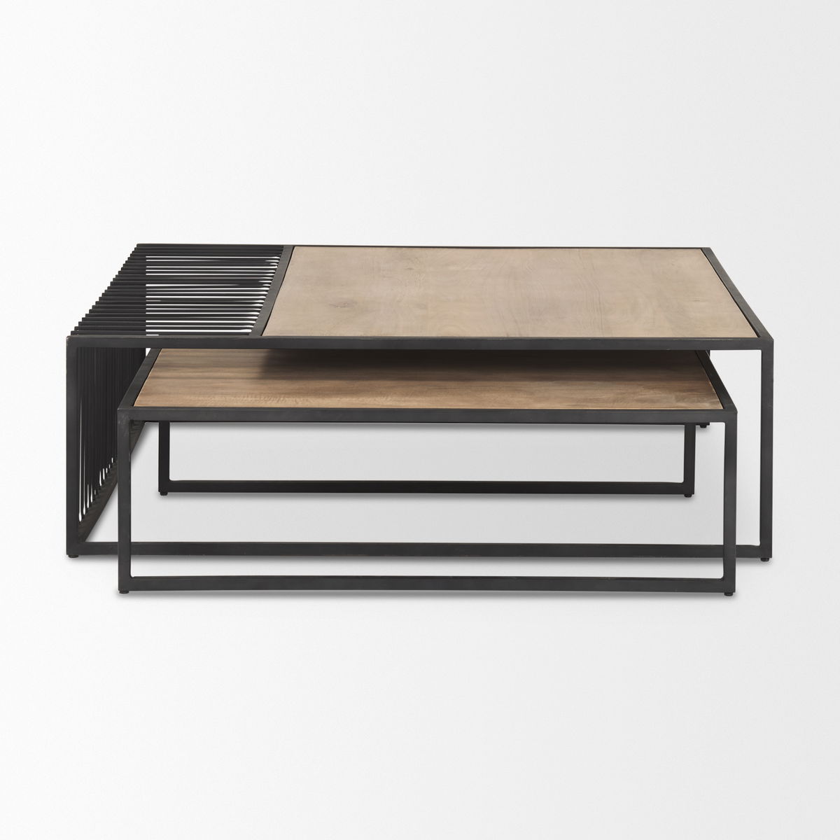 Miles Black Metal with Light Wood Nesting Coffee Table, by Mercana, 48" length x 48" width x 15" height View 4