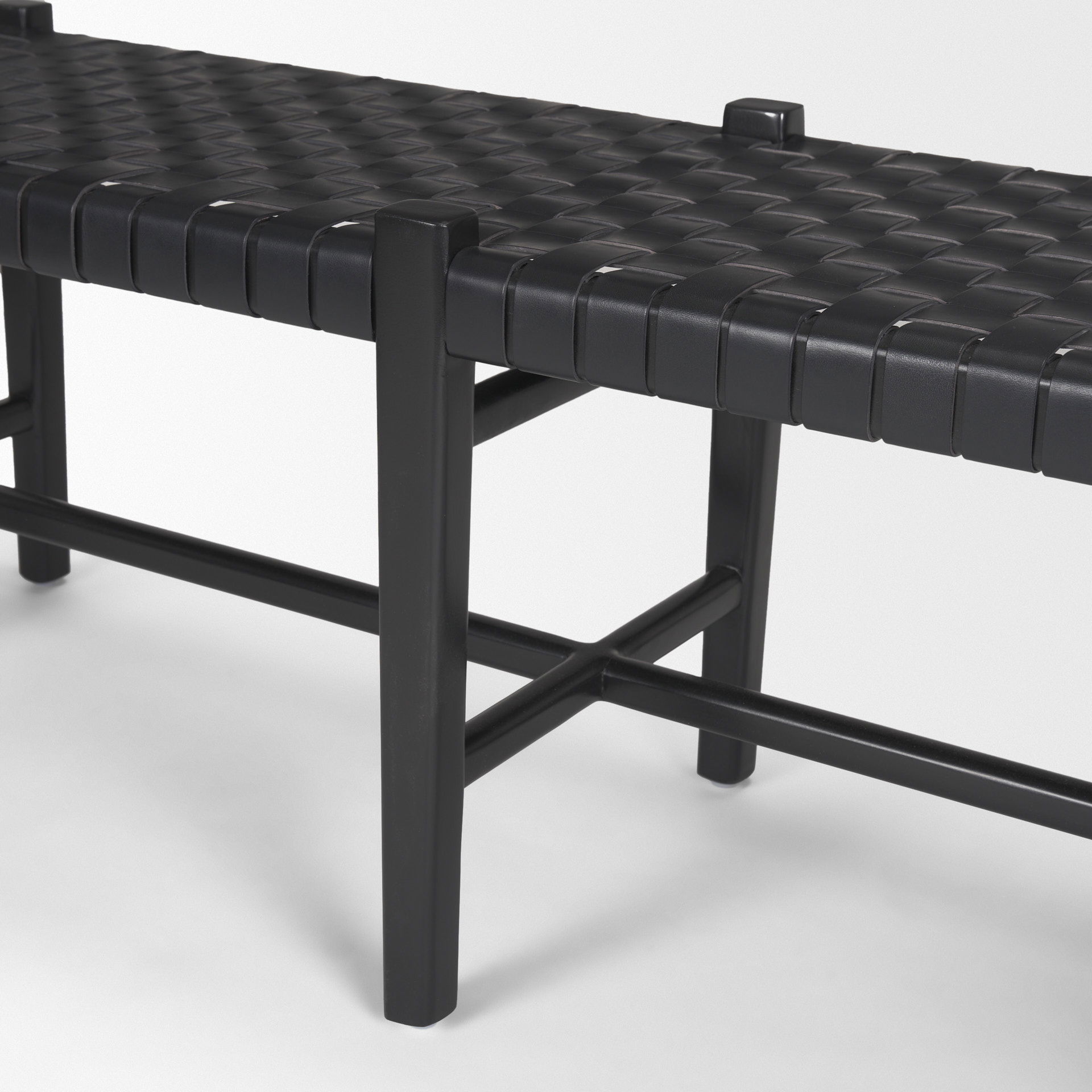 Shane Black Wood with Woven Black Leather Bench, Benche by Mercana, 52" length x 16.5" width x 18.75" height View 9