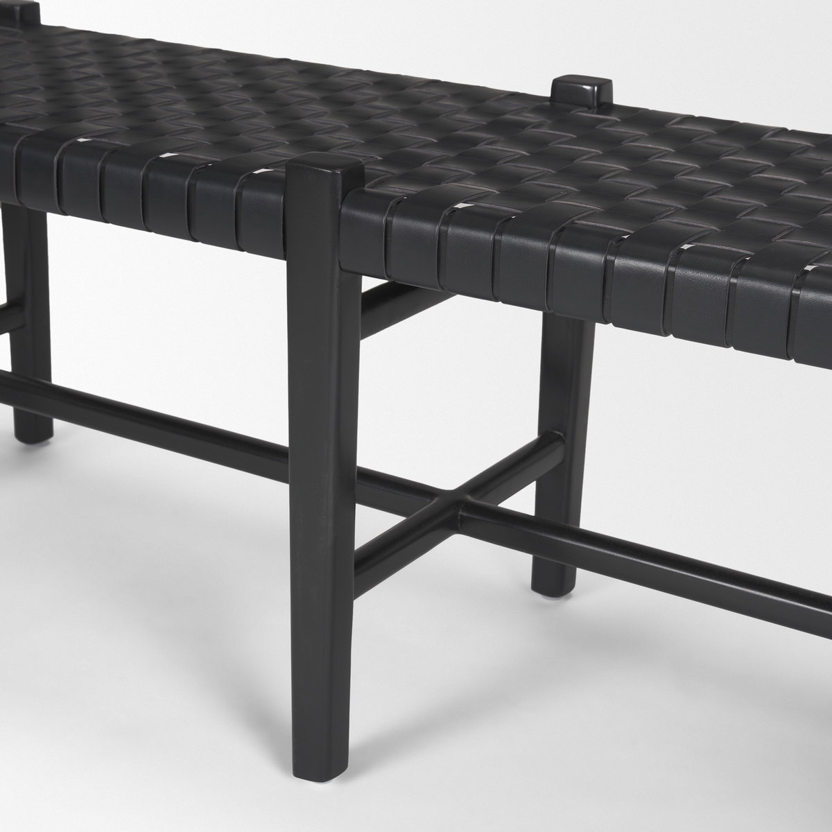 Shane Black Wood with Woven Black Leather Bench, Benche by Mercana, 52" length x 16.5" width x 18.75" height View 9