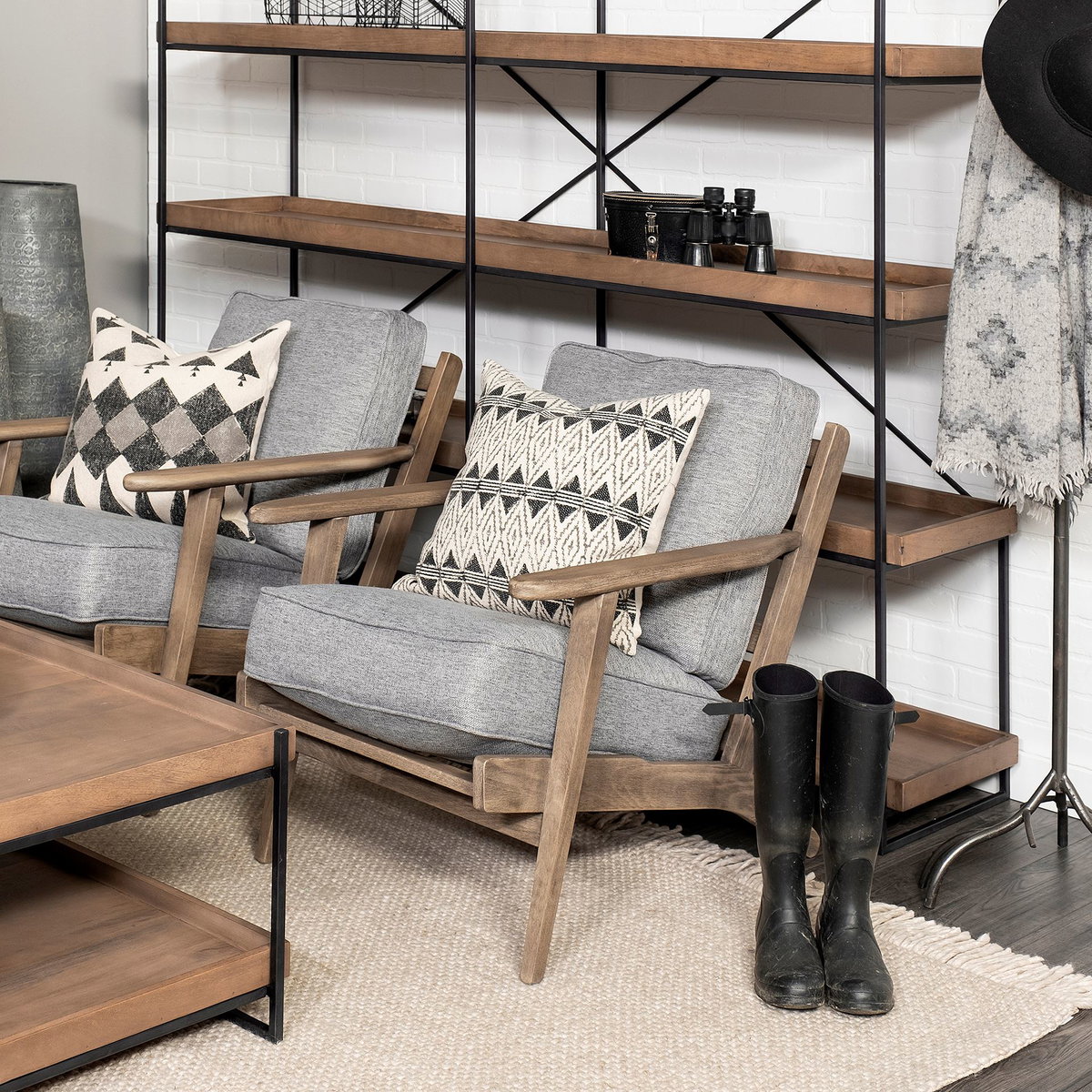 Olympus V Castlerock Grey Fabric Wrapped Brown Wooden Frame Accent Chair, by Mercana, 28" length x 31" width x 32" height View 3