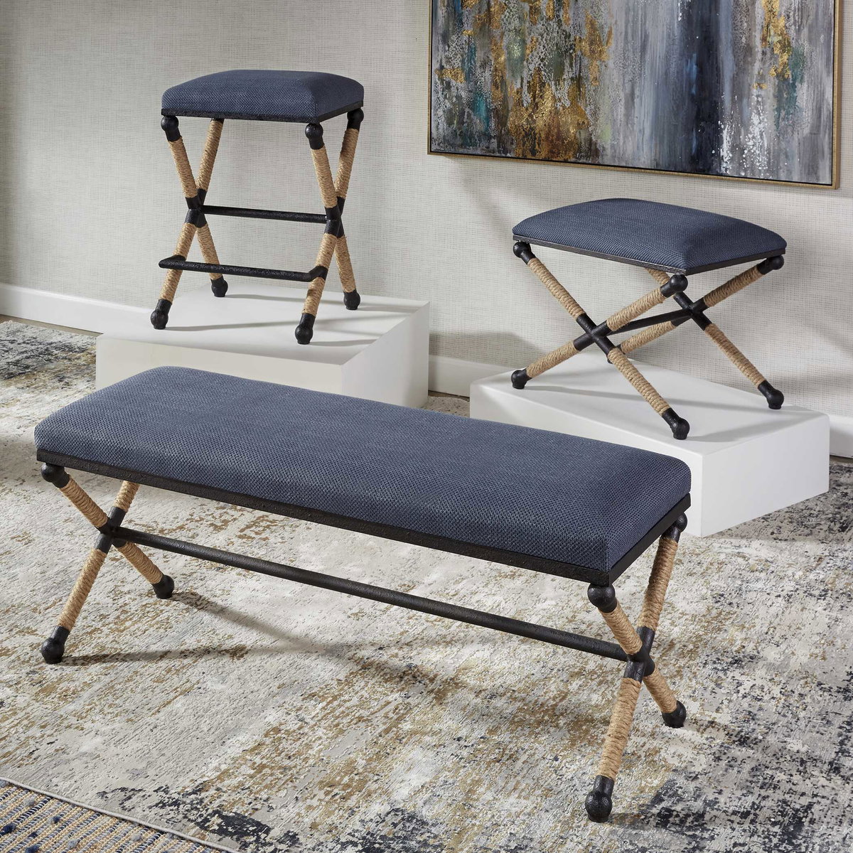Firth Small Navy Fabric Bench, Benche by Uttermost, 23.75" width x 20.25" height x 16.75" depth View 7