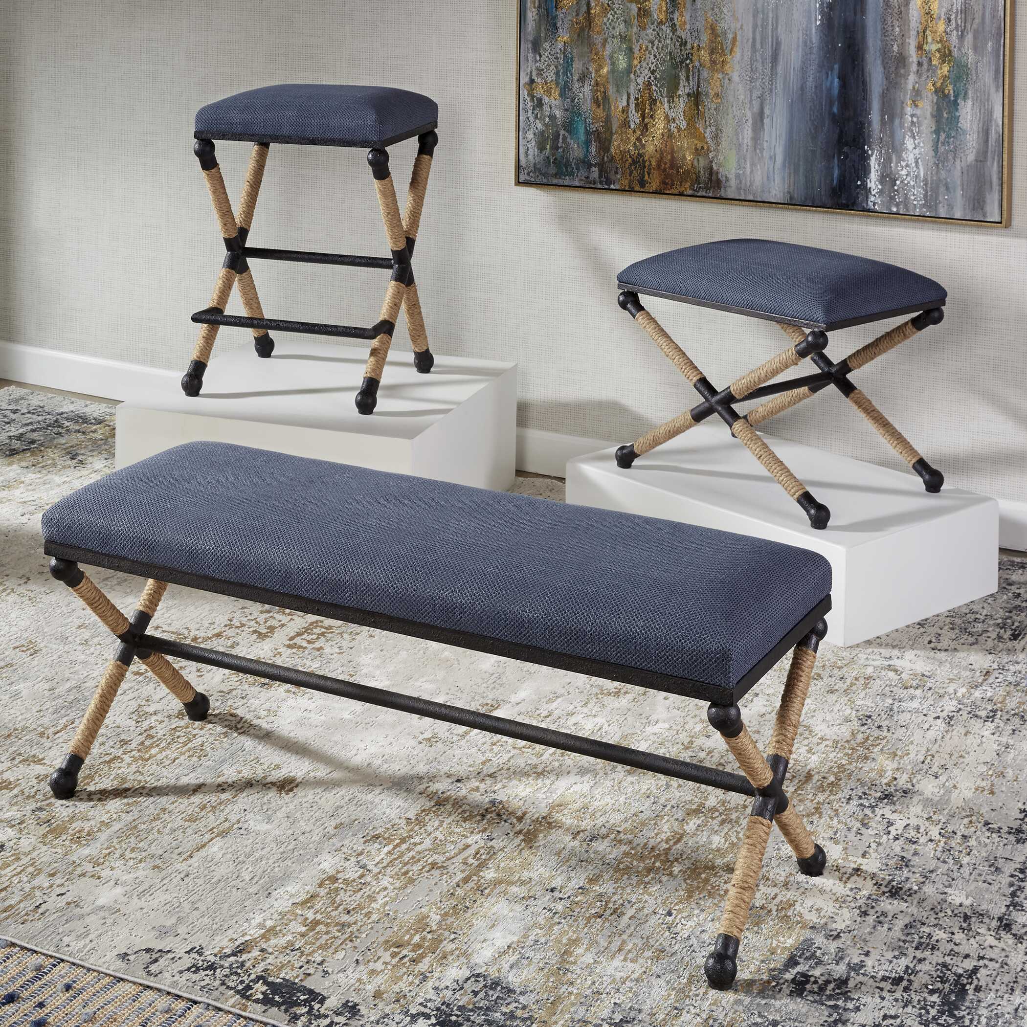 Firth Small Navy Fabric Bench, Furniture by Uttermost, 23.75" width x 20.25" height x 16.75" depth View 7
