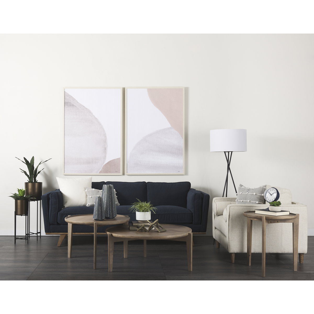 Brooks  Navy Blue Fabric Three Seater Sofa with Medium Brown Wooden Legs, Sofas & Sectional by Mercana, 90.16" length x 34.84" width x 33.46" height View 3