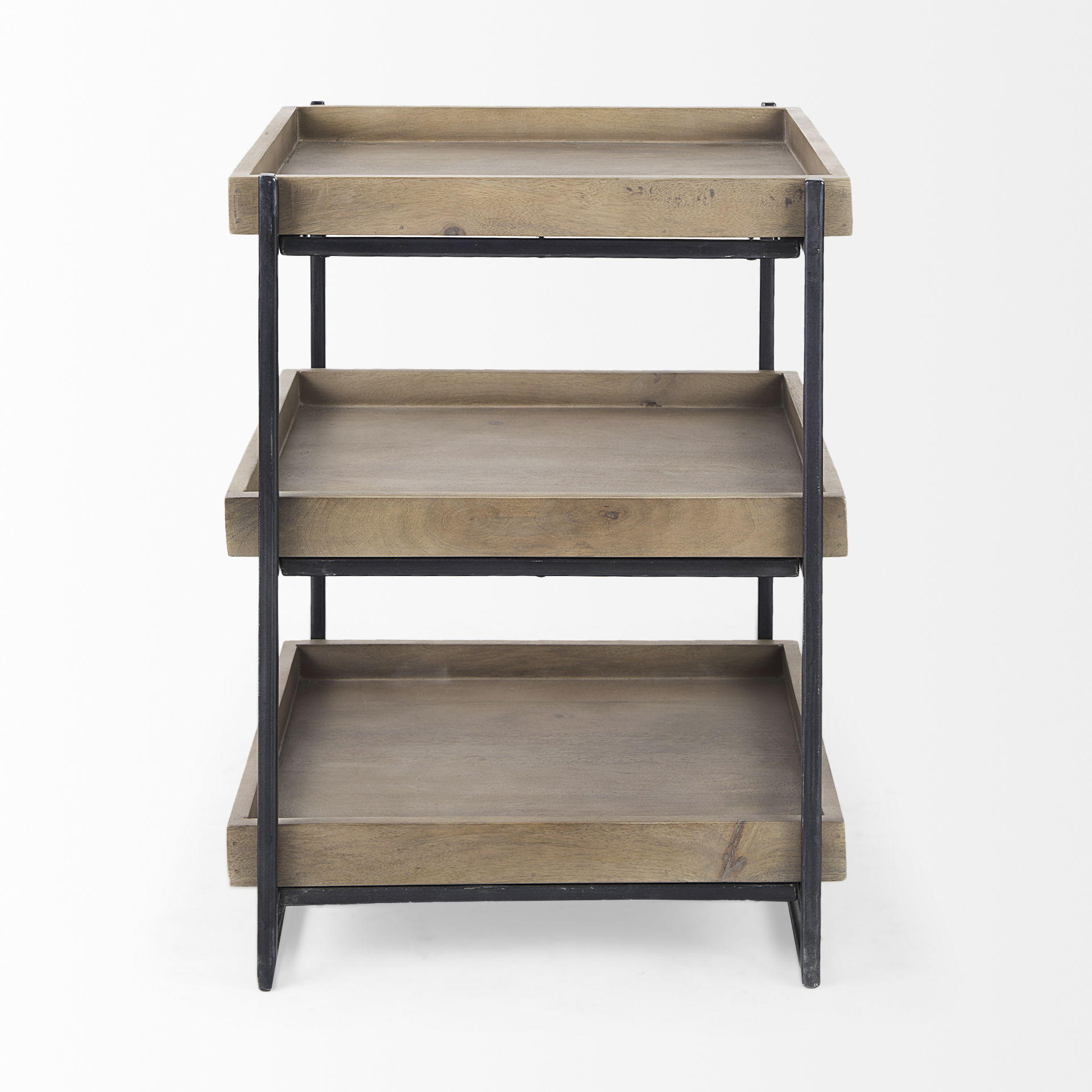 Trey III 20' x 26' Square Medium Brown Wooden Three-Tiered Black Iron Frame End/Side Table large image 
