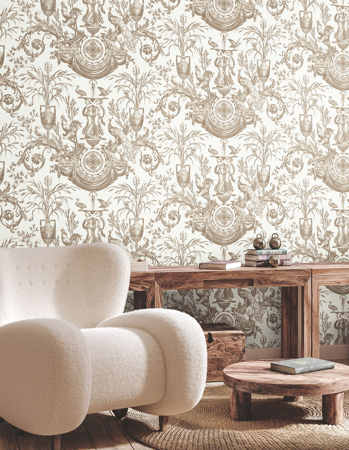Avian Fountain Toile Mink Wallpaper large image 