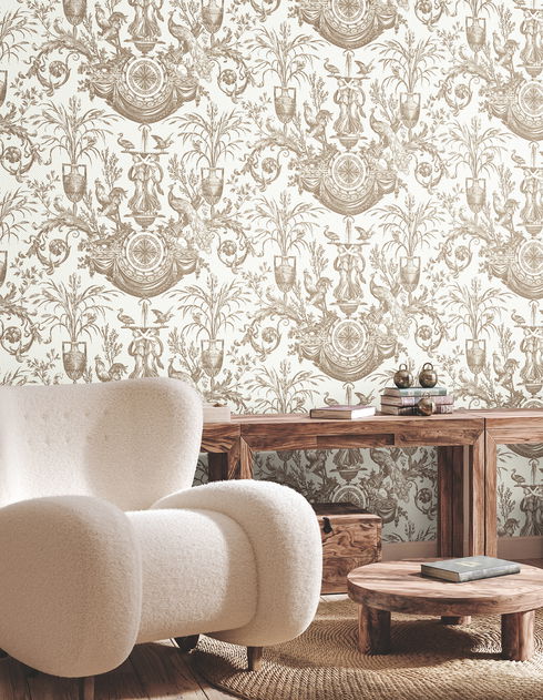 Avian Fountain Toile Mink Wallpaper