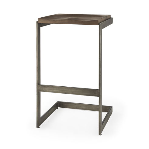 Kiran 17L x 17W x 30H Medium Brown Wood with Antique Nickel Finished Metal Frame Bar Stool