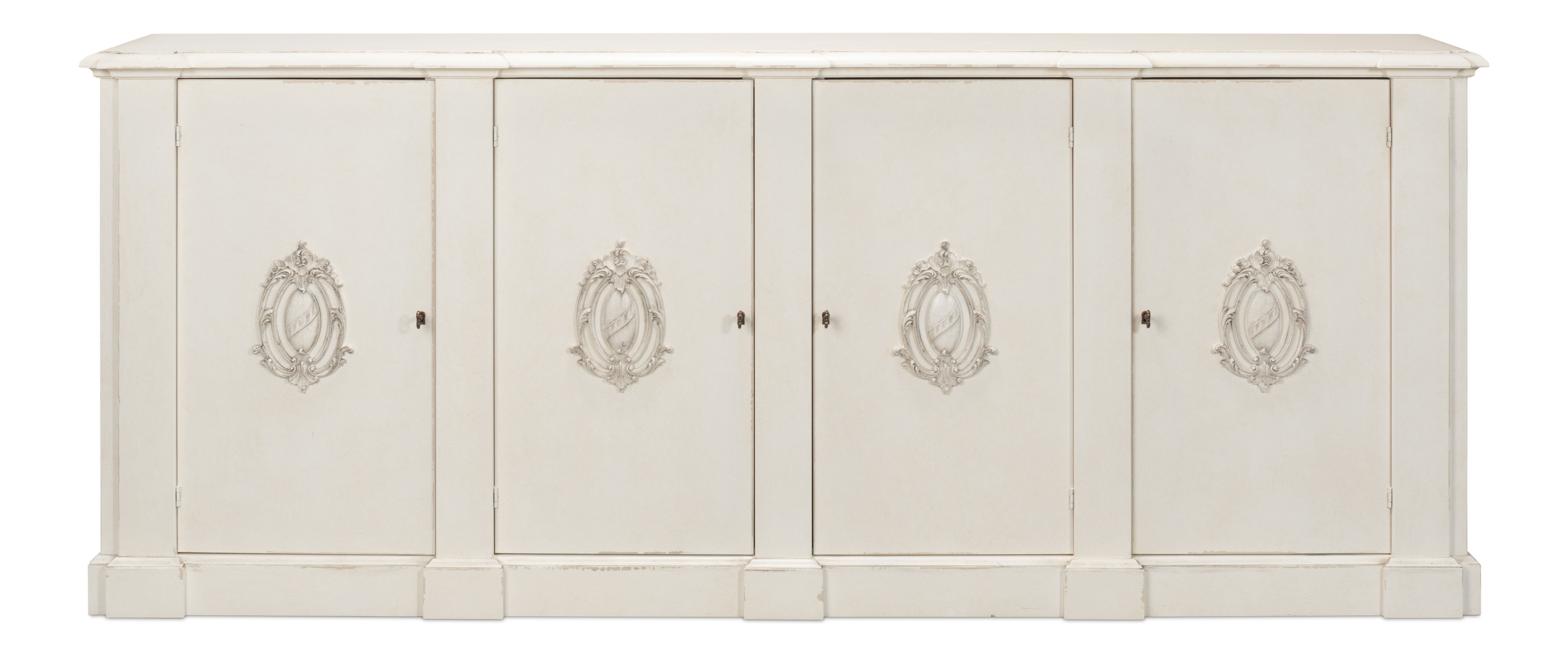 *Crested Wall Cabinet,White/White Finish, Cabinets & Sideboard by Sarreid, 96" length x 18" width x 39" height View 2