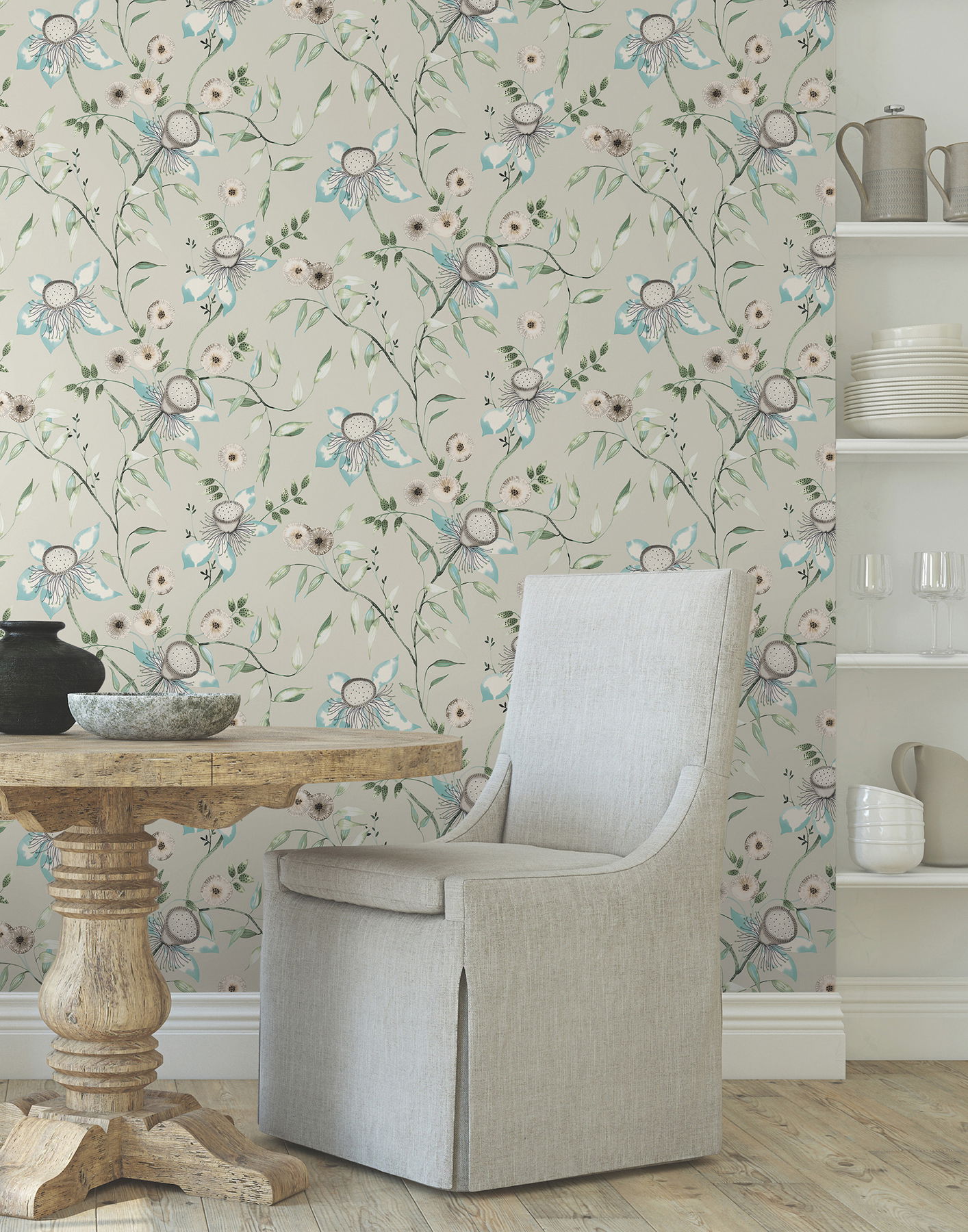 Dream Blossom Taupe & Aqua Wallpaper large image 
