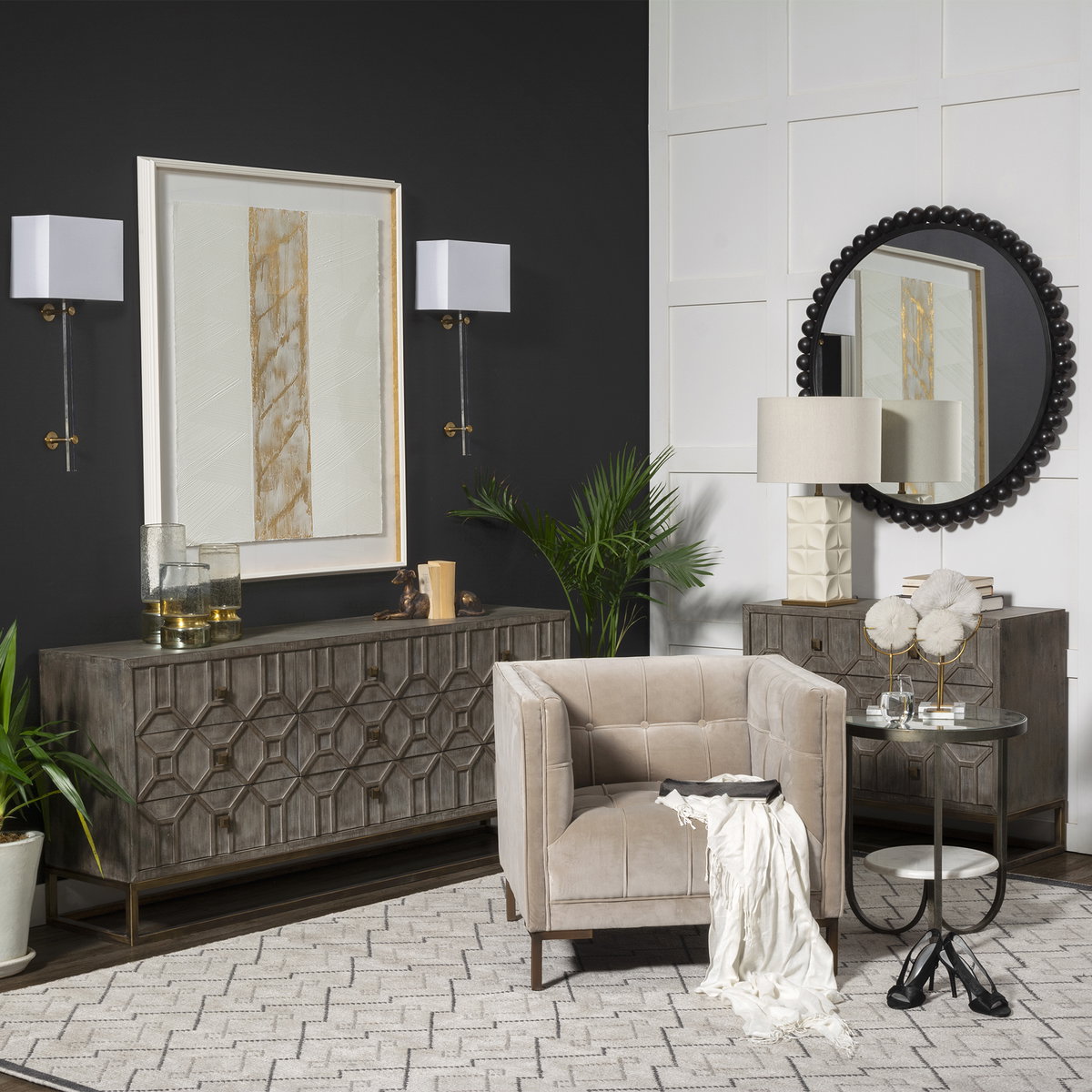 Genevieve II 70x15.8 Gray Fir Veneer with Gold Metal Frame Base 9 Drawer Sideboard, Sideboards & Buffet by Mercana, 70" length x 15.75" width x 31" height View 2