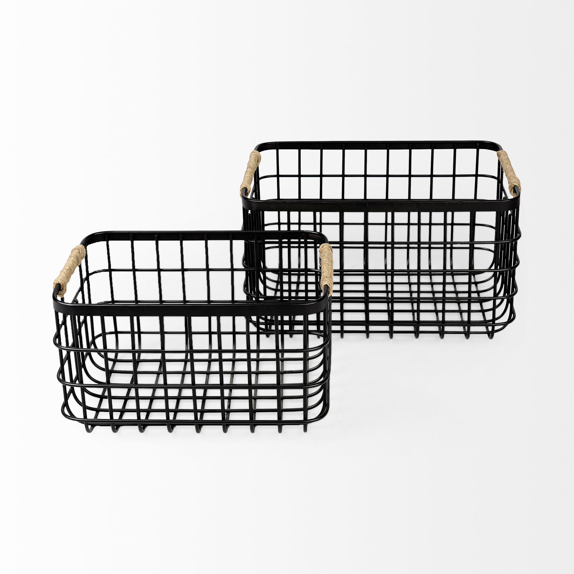 Marius (Set of 2) Matte Black Metal with Rope Trim Rectangular Baskets, Bins & Basket by Mercana, 20.87" length x 15.16" width x 12.2" height View 2