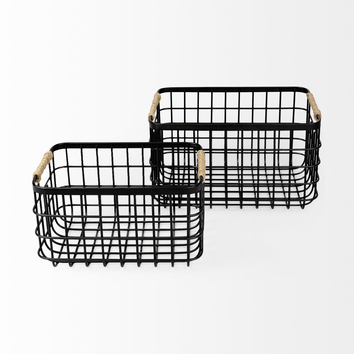 Marius (Set of 2) Matte Black Metal with Rope Trim Rectangular Baskets, Bins & Basket by Mercana, 20.87" length x 15.16" width x 12.2" height View 2