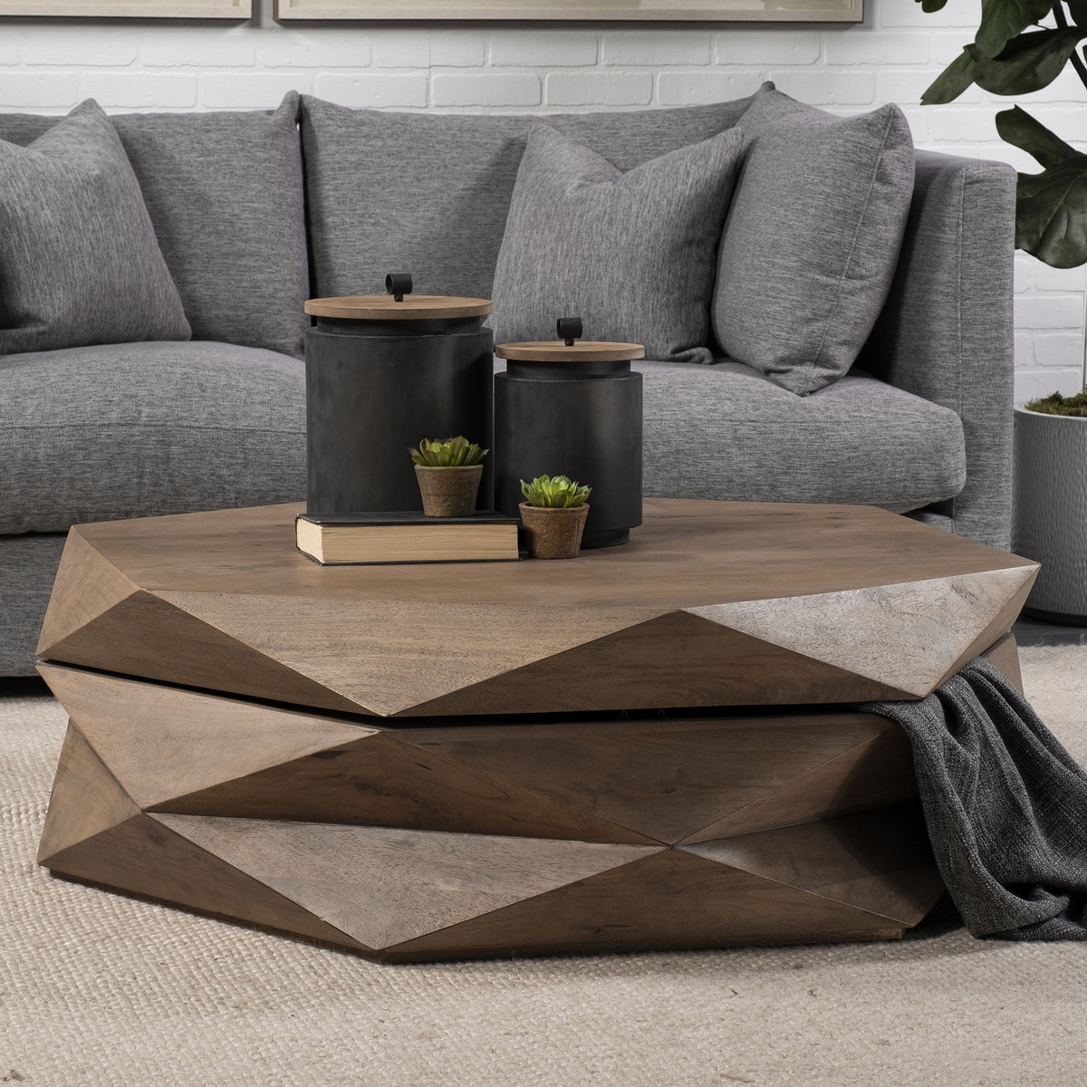 Arreto 48' Hexagonal Hinged Solid Wood Top and Base Coffee Table, by Mercana, 48" length x 48" width x 15" height View 3