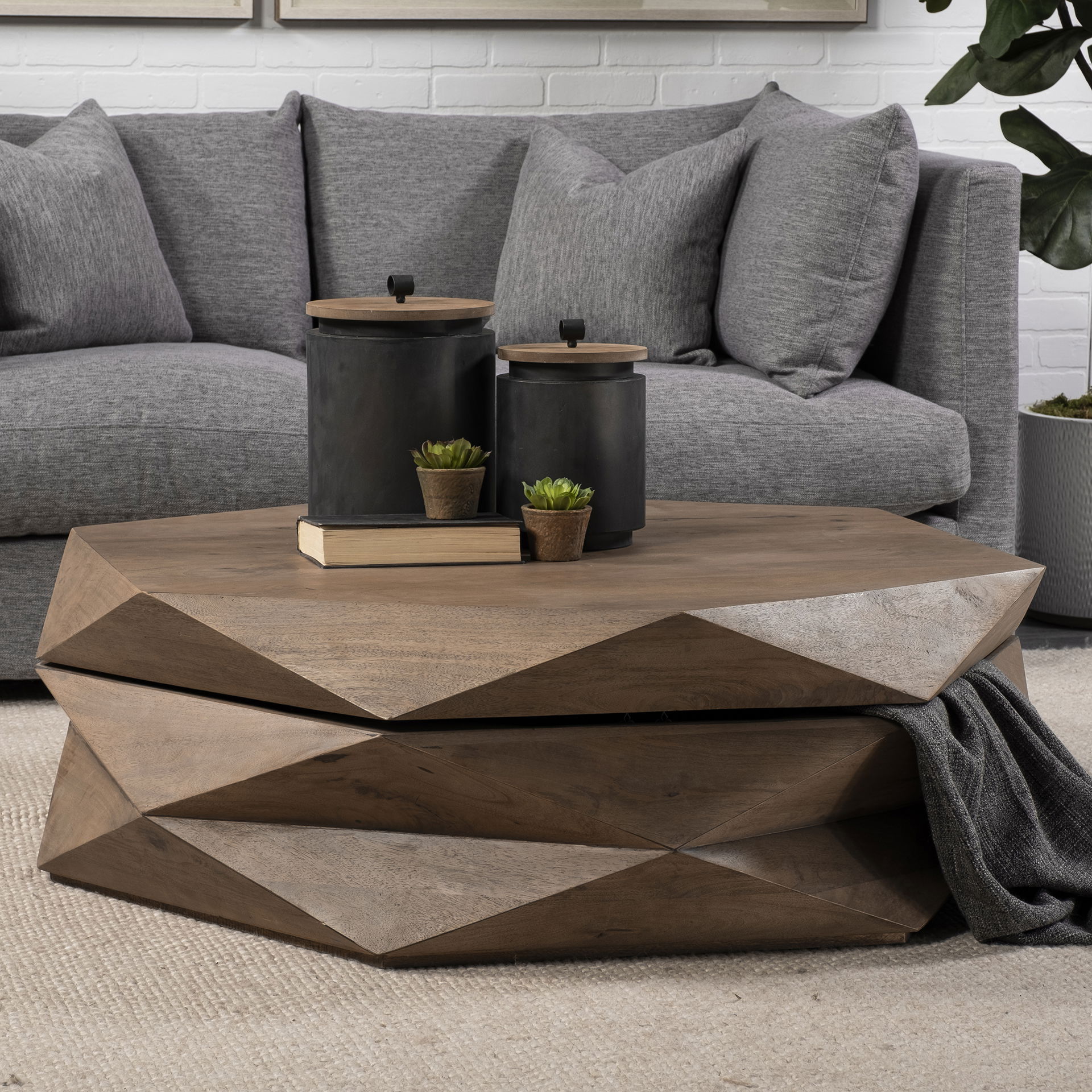 Arreto Hexagonal Hinged Solid Wood Top and Base Coffee Table, by Mercana, 48" length x 48" width x 15" height View 3
