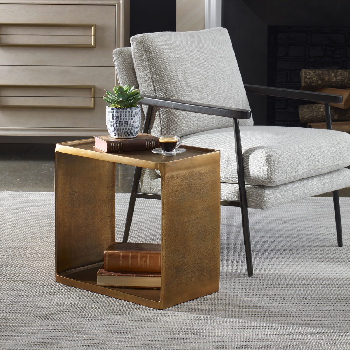 Derwent Antique Brass Side Table, Side & End Table by Uttermost, 20" width x 19" height x 12" depth View 2