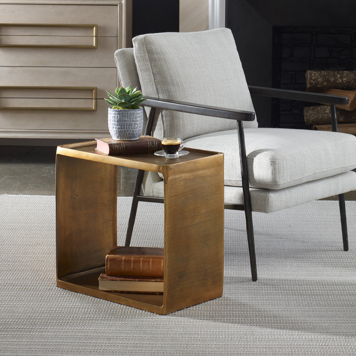 Derwent Antique Brass Side Table, Side & End Table by Uttermost, 20" width x 19" height x 12" depth View 2