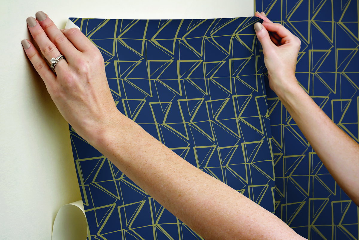 Love Triangles Blue & Gold Metallic Peel & Stick Wallpaper, by York Wall, 20' length x 1'8.5" width x 0.02" depth View 6