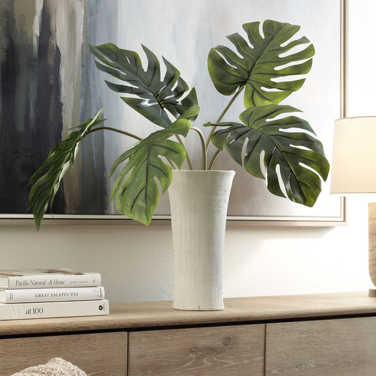 Muse Monstera White Vase Centerpiece, Artificial Plants & Flower by Uttermost, 36" width x 36" height x 36" depth View 3