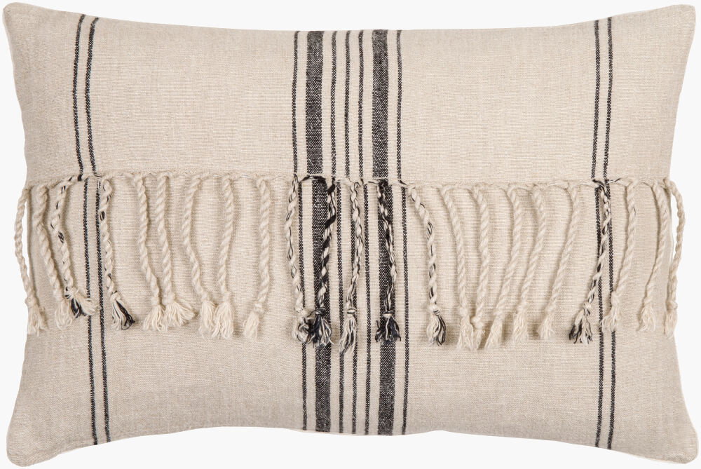 Linen Stripe Embellished Lumbar Pillow, Decorative Pillow by Surya, 13" length x 20" width