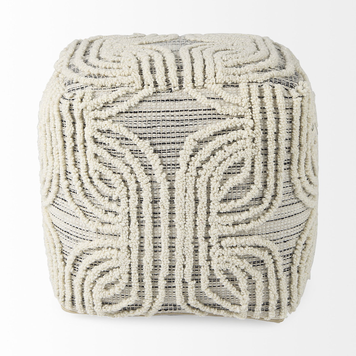 Amaya  Cream/Black/Gray Wool and Cotton Pouf, Ottoman by Mercana, 16" length x 16" width x 16" height View 5