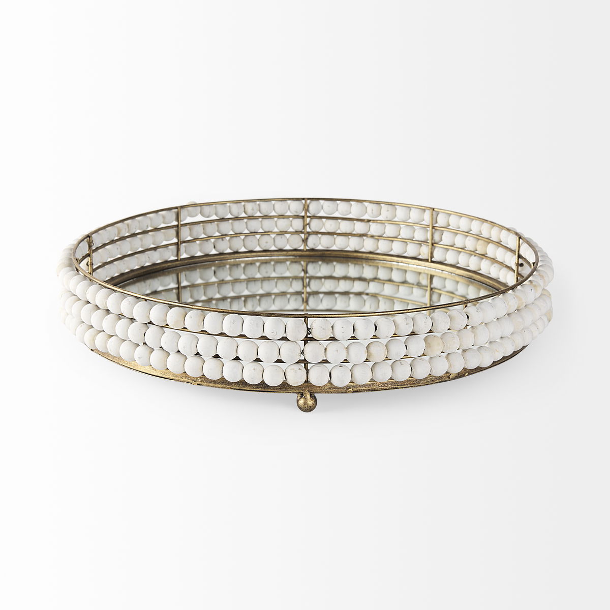Decatur I 21L x 21W White Wooden Bead Mirrored Bottom Round Tray, Decorative Tray by Mercana, 21.26" length x 21.26" width x 3.94" height View 2