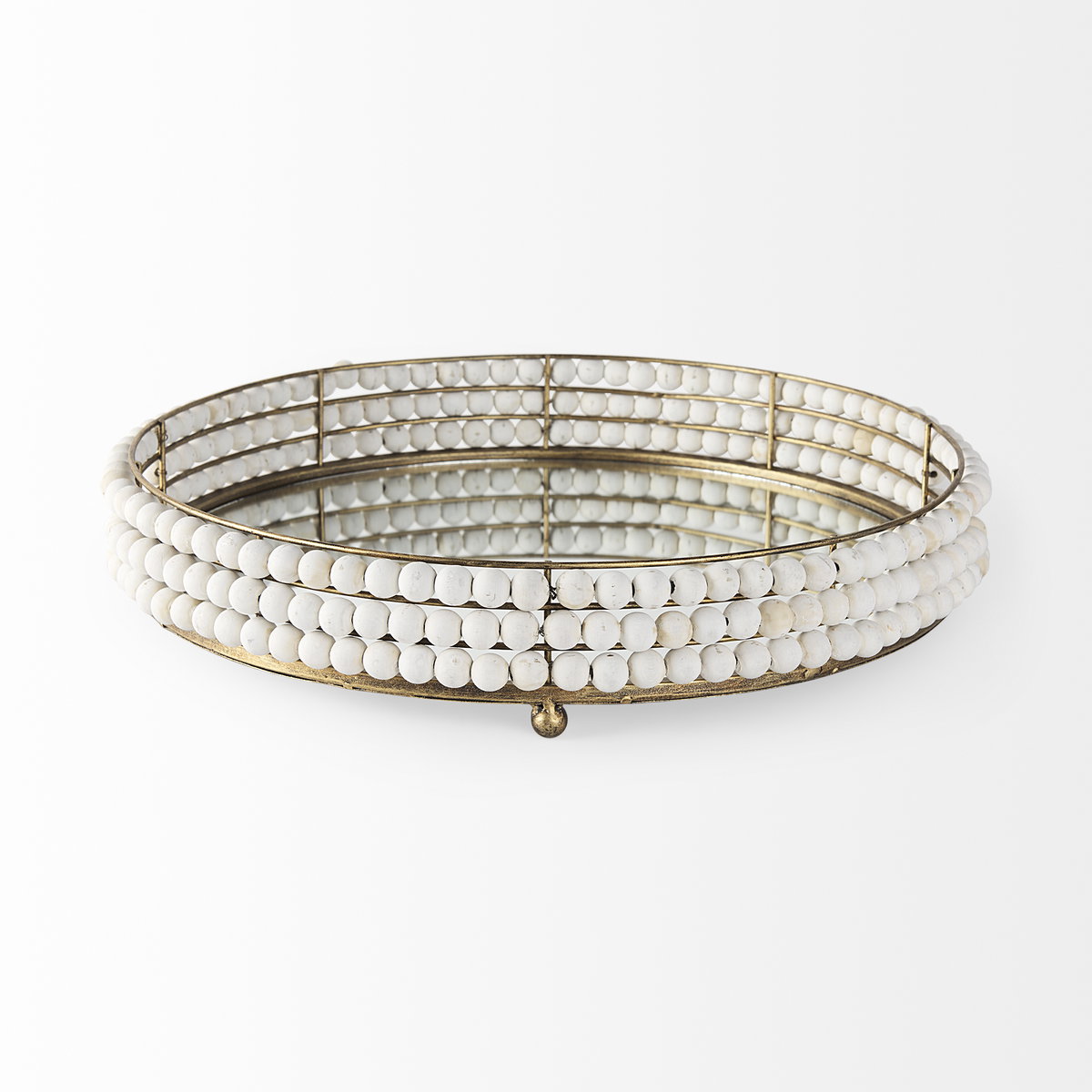 Decatur I 21L x 21W White Wooden Bead Mirrored Bottom Round Tray, Decorative Tray by Mercana, 21.26" length x 21.26" width x 3.94" height View 2