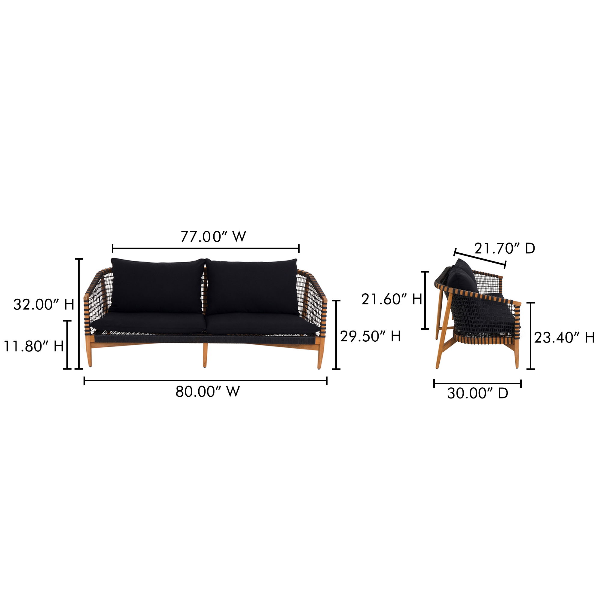 Kuna Outdoor Sofa Black, by Moe's Home, 6'8" width x 2'8" height x 2'6" depth View 8