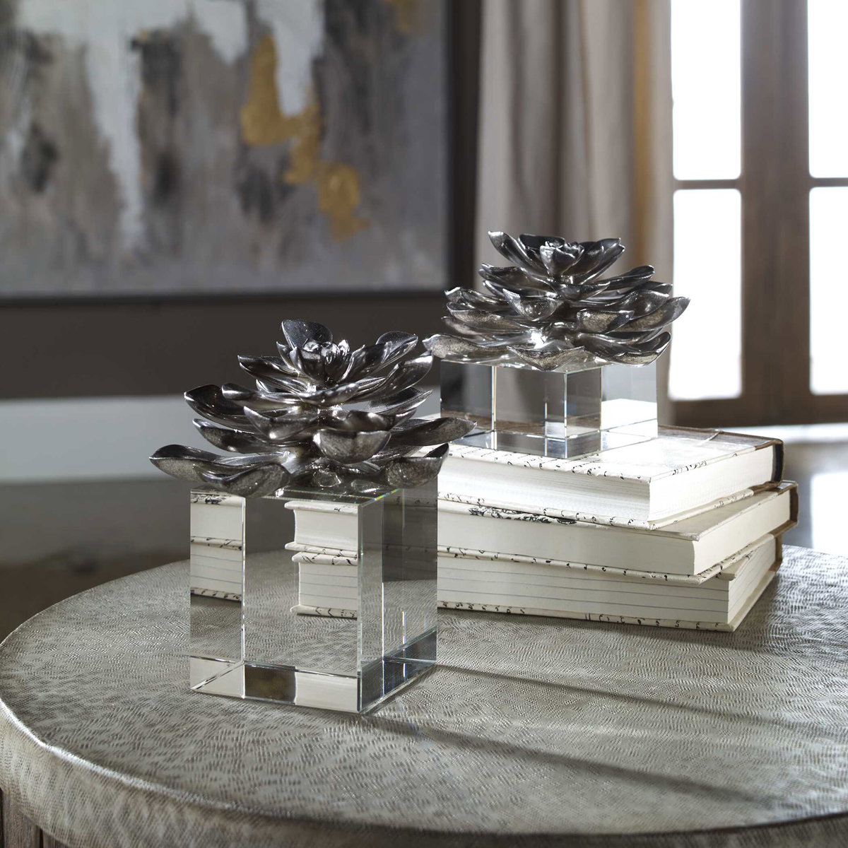 Indian Lotus Metallic Silver Flowers Set/2, Decorative by Uttermost, 6.25" width x 7" height x 6.25" depth View 6