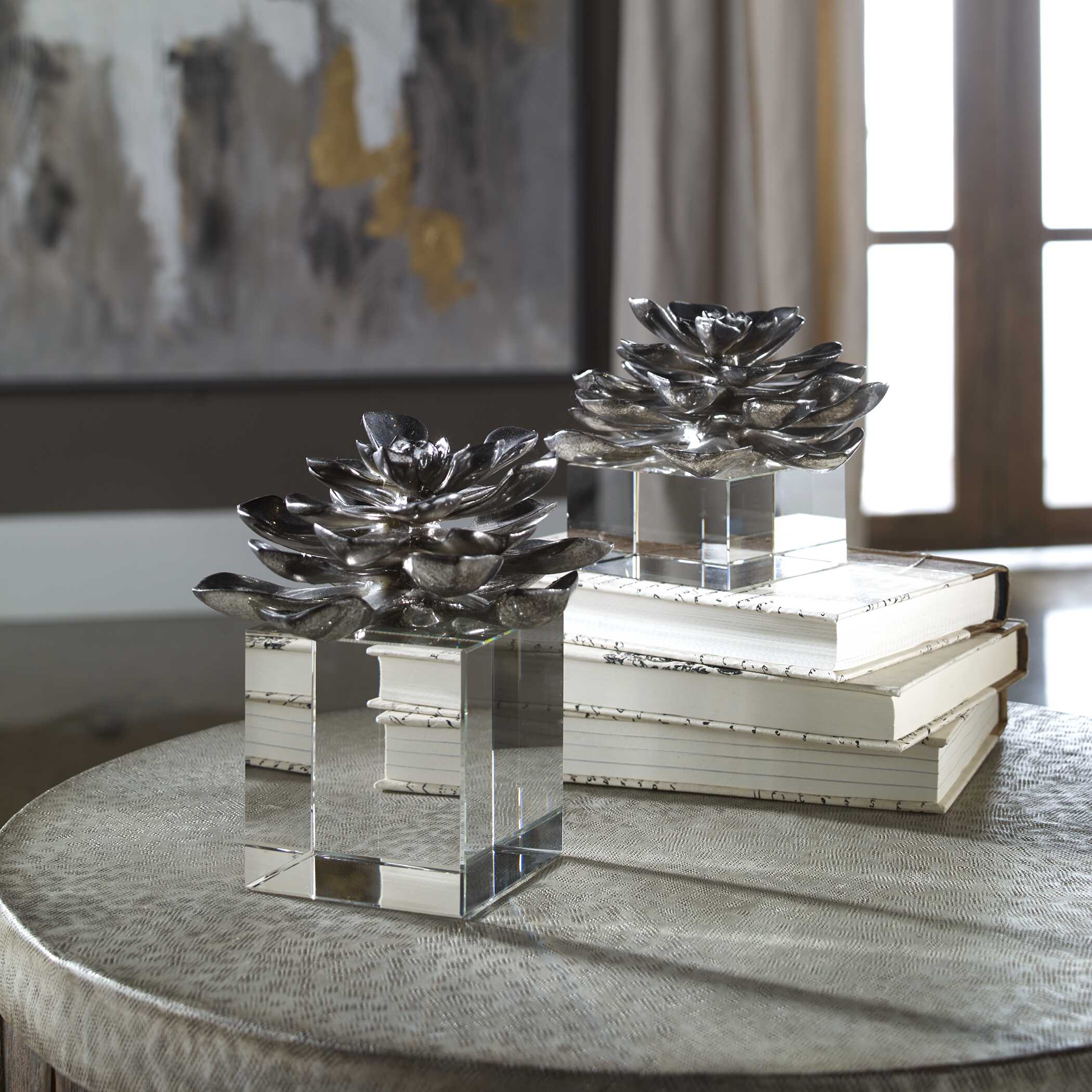 Indian Lotus Metallic Silver Flowers Set/2 large image 