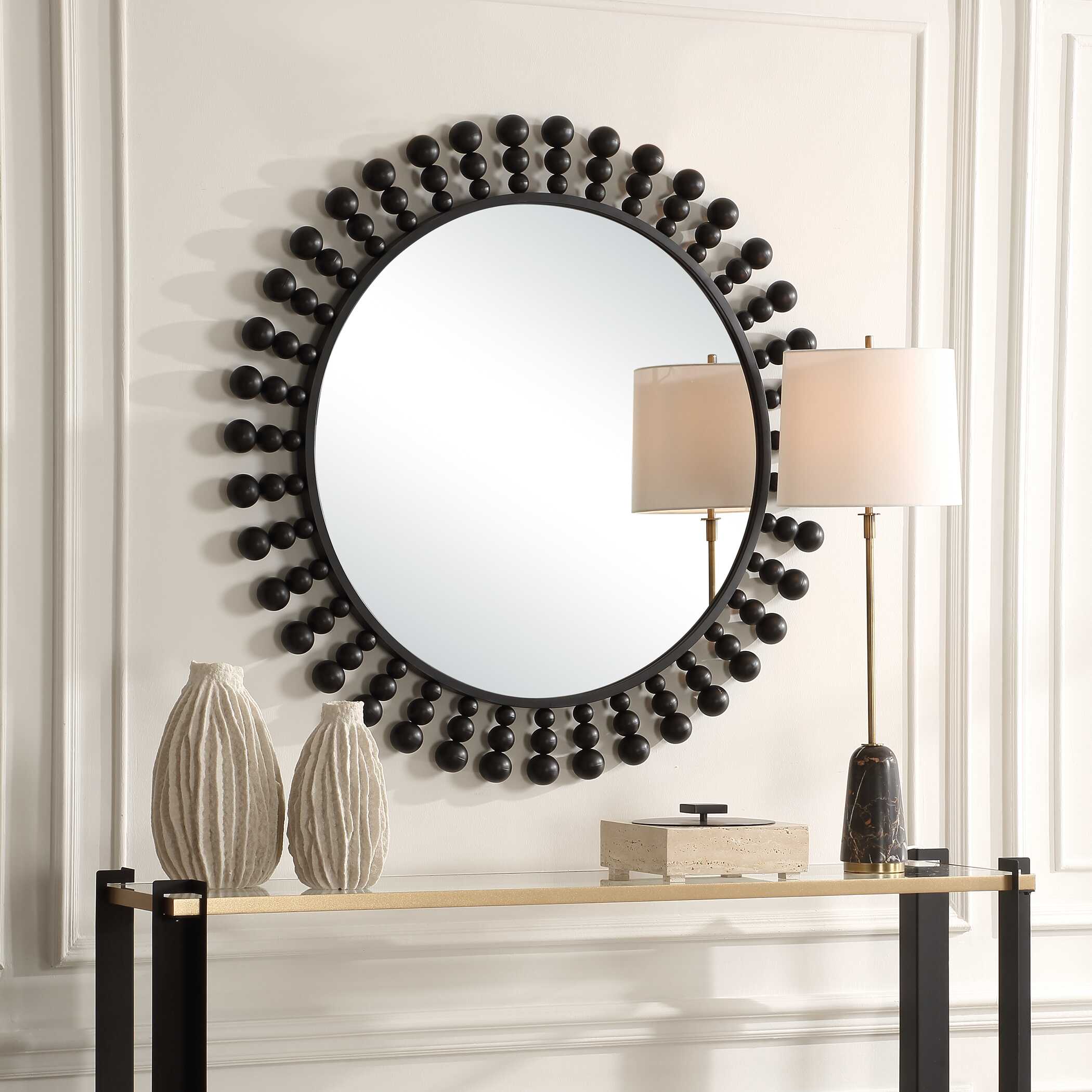 Aziel Round Black Mirror, by Uttermost, 44" width x 44" height x 2.25" depth View 4