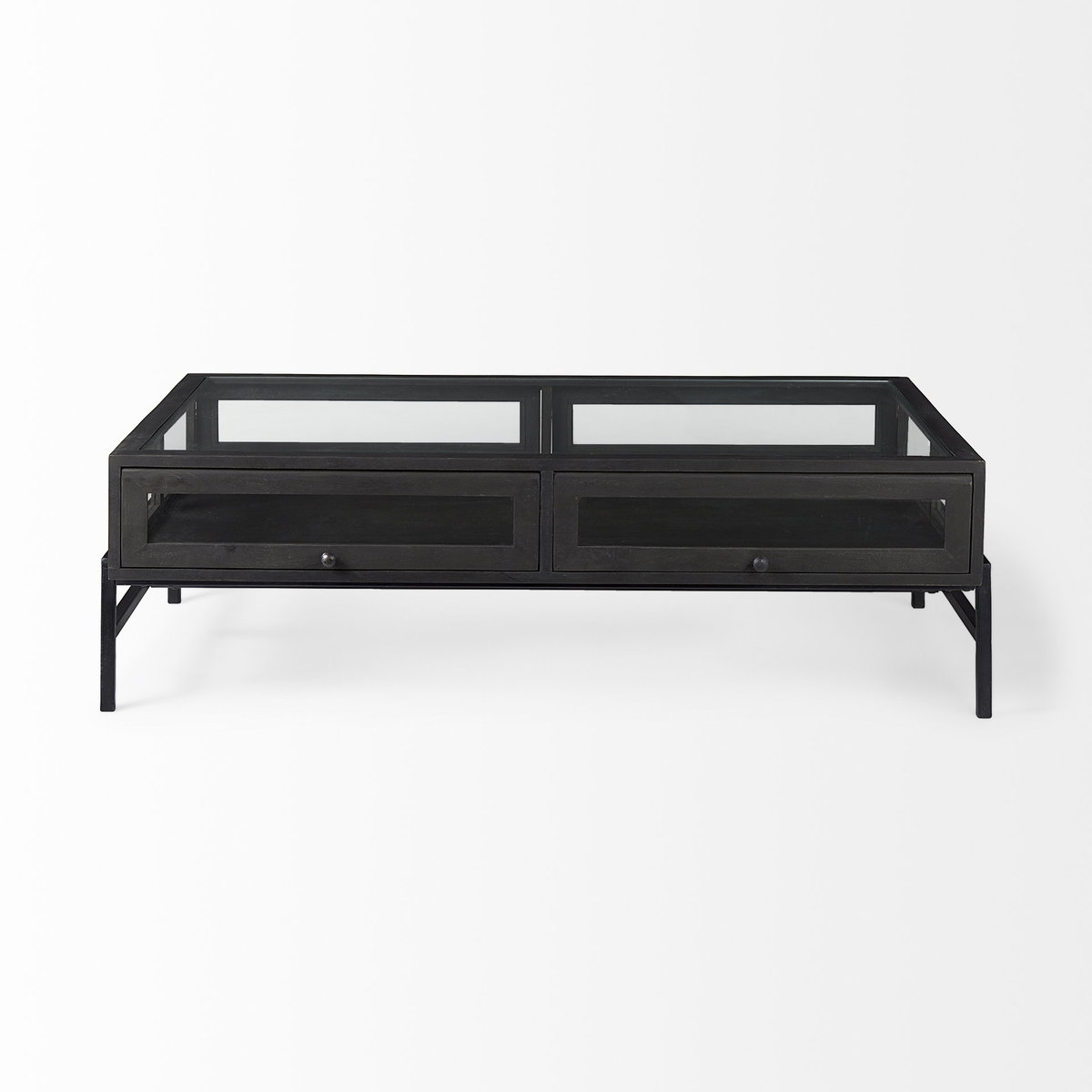 Arelius 49.5'L Rectangular Glass-Top Black-Brown Wood with Black Metal Base Display Coffee Table, by Mercana, 49.5" length x 28" width x 15" height View 4