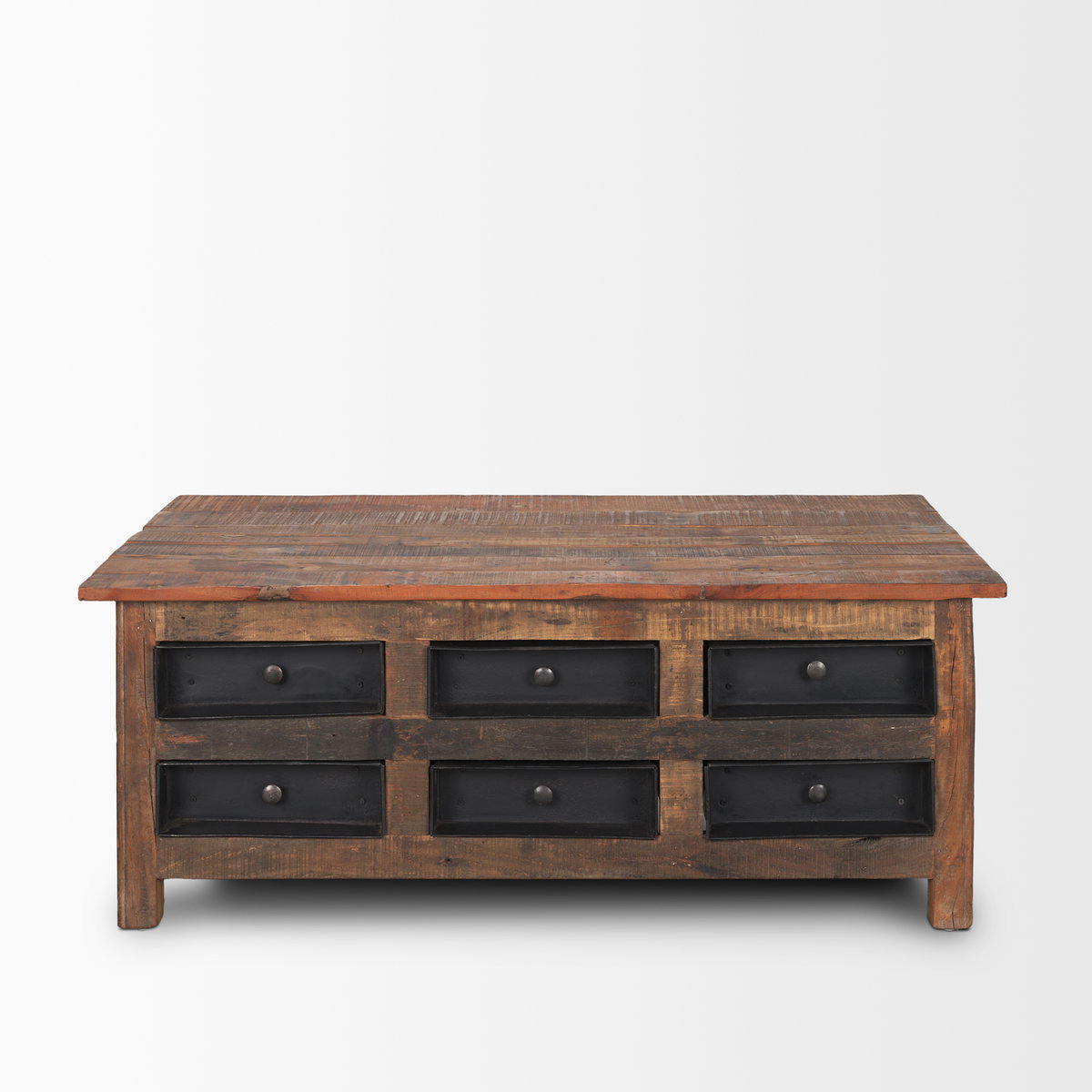 Wilton Brown Wood with 12 Black Metal Drawers Coffee Table, by Mercana, 48" length x 28" width x 18" height View 7