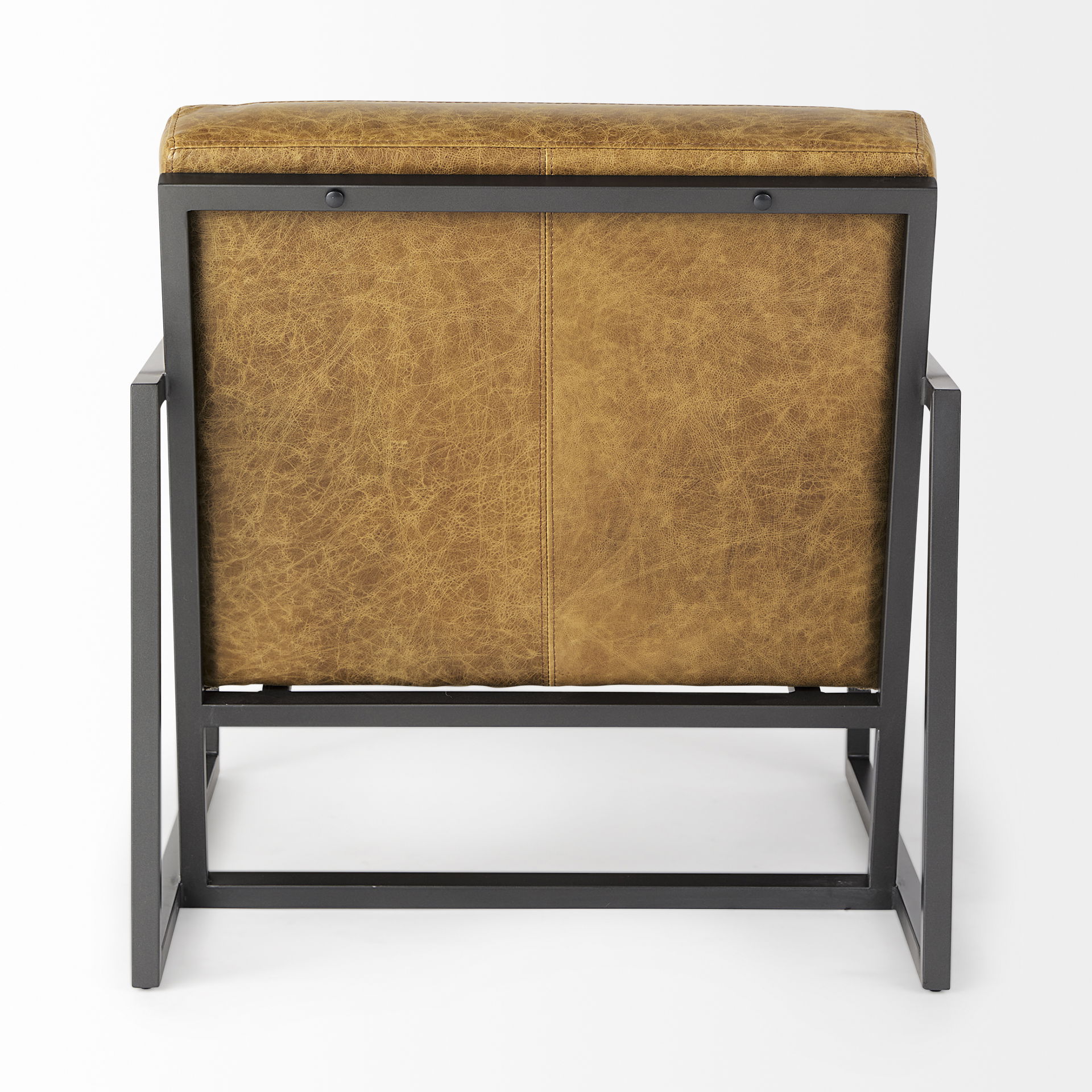 Armelle II Brown Leather Seat with Gray Metal Frame Accent Chair, by Mercana, 28.35" length x 33.07" width x 29.92" height View 6