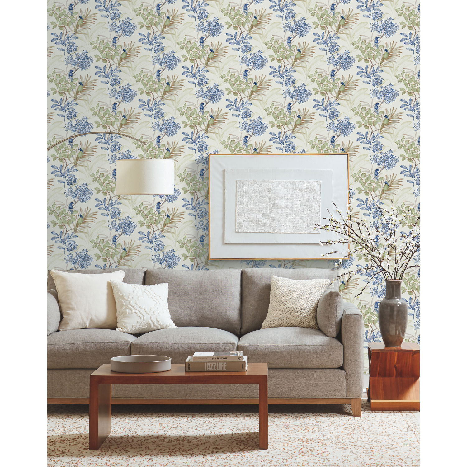 Handpainted Songbird Green & Blue Wallpaper large image 