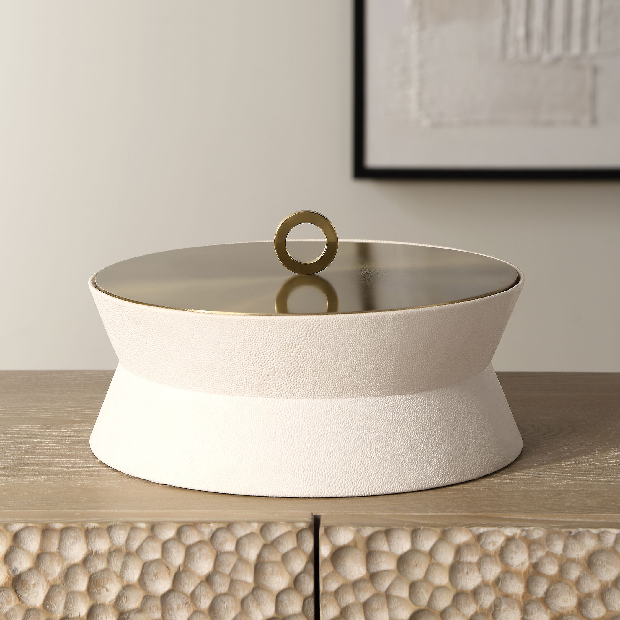 Luxe White Shagreen Round Box, Decorative by Uttermost, 10" width x 5.5" height x 10" depth View 2
