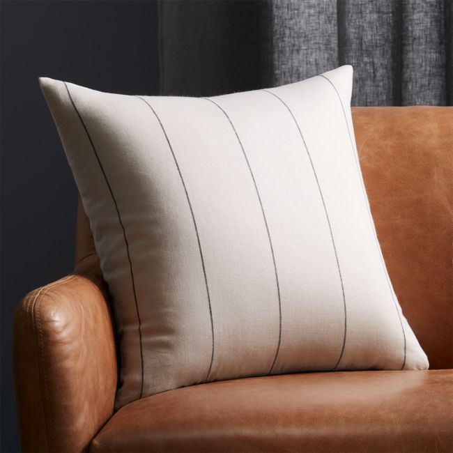 Online Designer Living Room 20" Pinstripe White Linen Pillow with Feather-Down Insert