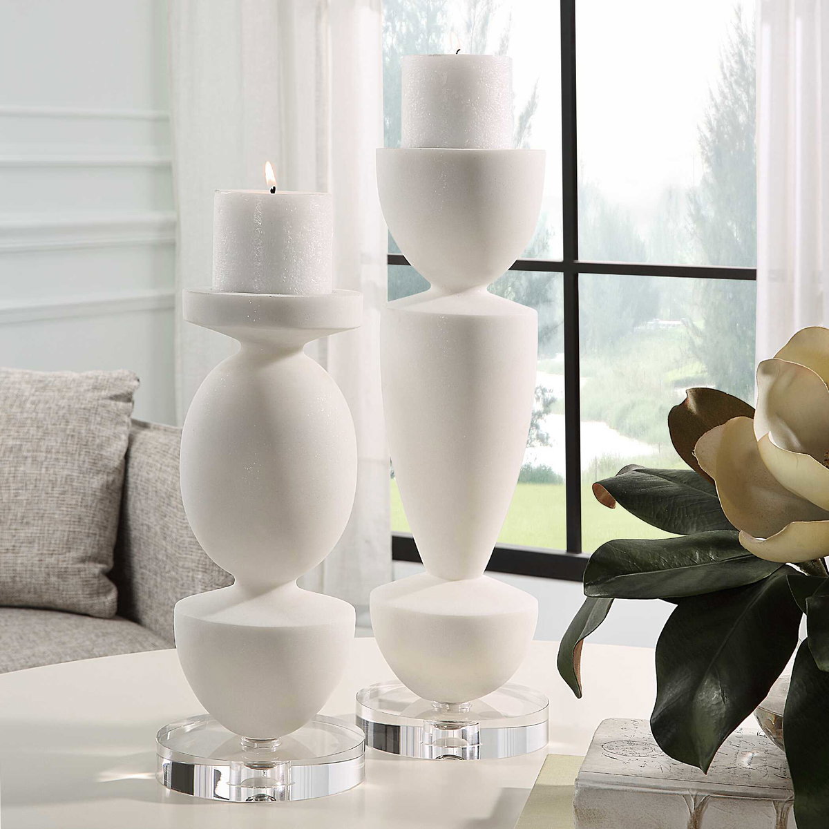 Lido White Stone Candleholders Set/2, Candles & Candle Holder by Uttermost, 5" width x 16" height x 5" depth View 3
