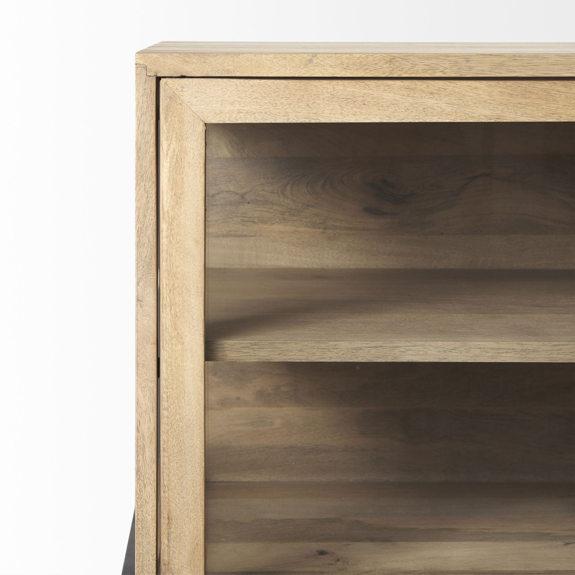 Arelius 70L x 18.75W x 32H Light Brown Wood, Black Metal Base with 4 Glass Cabinet Doors Sideboard large image 