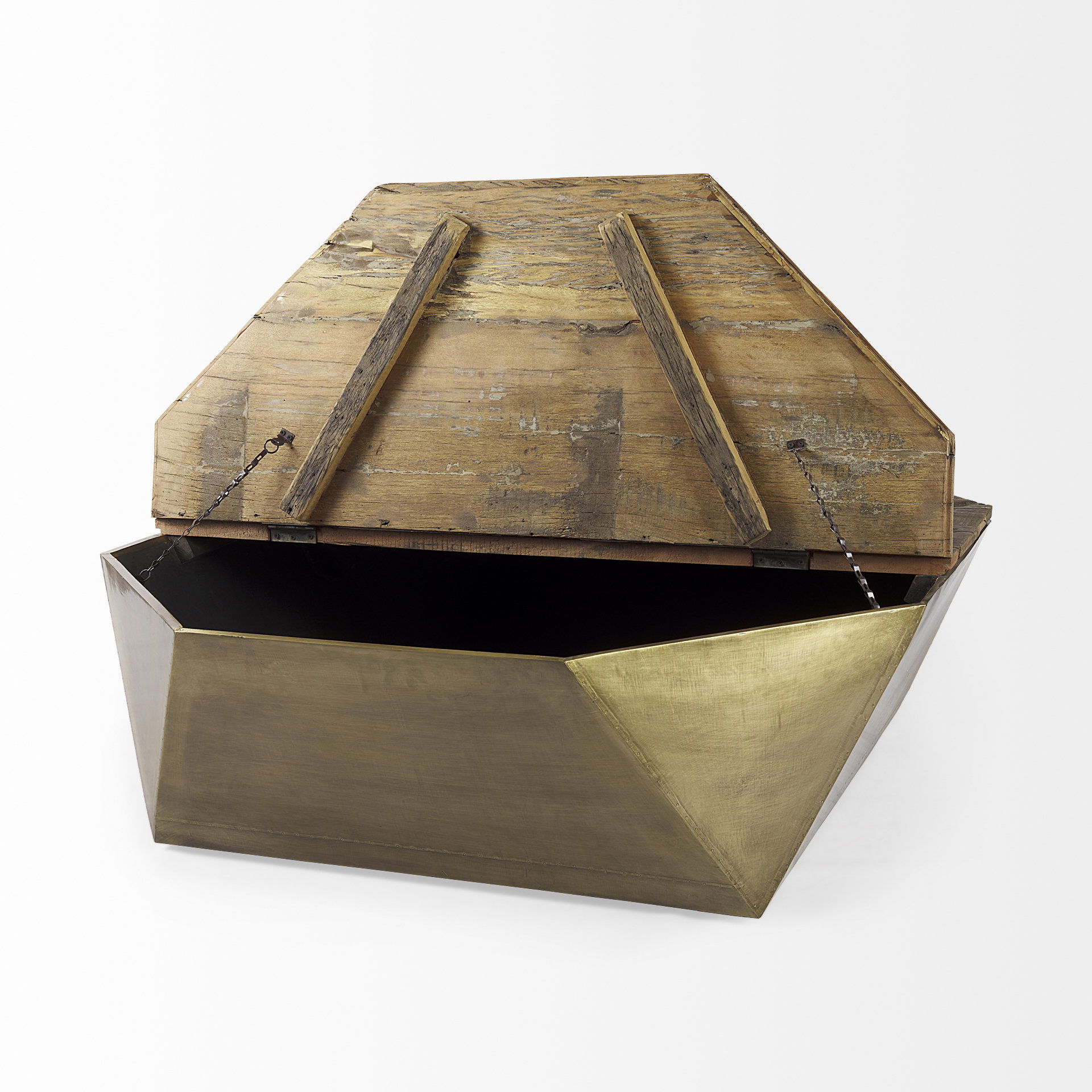 Esagono Octagonal Gold Metal-Clad Reclaimed Wood Coffee Table with Storage, by Mercana, 48" length x 48" width x 15" height View 6