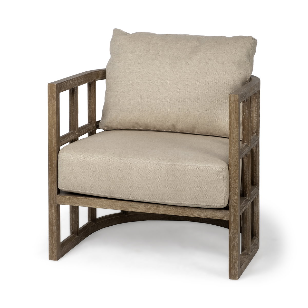 Skylar II Tan Fabric Covered Cushioned Demi-Lune Wooden Frame Accent Chair, by Mercana, 29" length x 29.75" width x 33.75" height View 1