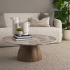Allyson Round Brown Pedestal with Savar Pink Marble Top Coffee Table, by Mercana, 42" length x 42" width x 16" height thumbnail 2