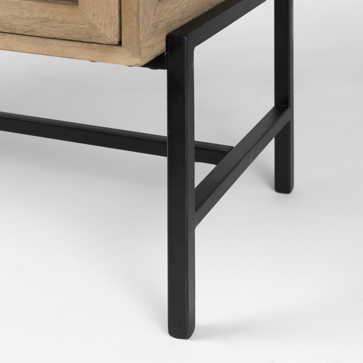 Arelius 36L x 18W x 32H Light Brown Wood, Black Metal Base with 2 Glass Doors Accent Cabinet, Cabinets & Chest by Mercana, 36" length x 18.75" width x 32" height View 11