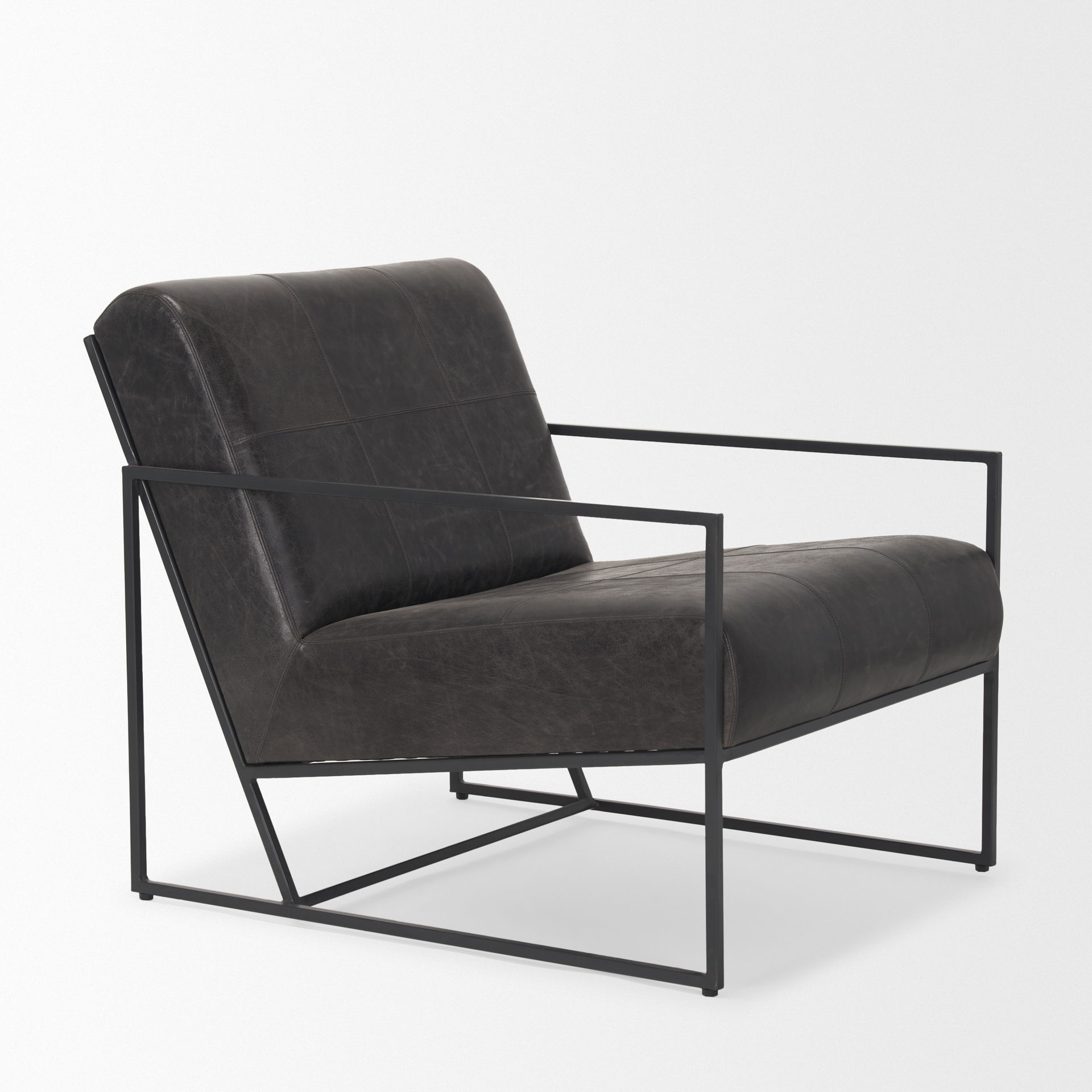 Stratton Gunmetal with Genuine Aged Black Leather Upholstered Accent Chair, by Mercana, 27.25" length x 36.5" width x 29.5" height View 9