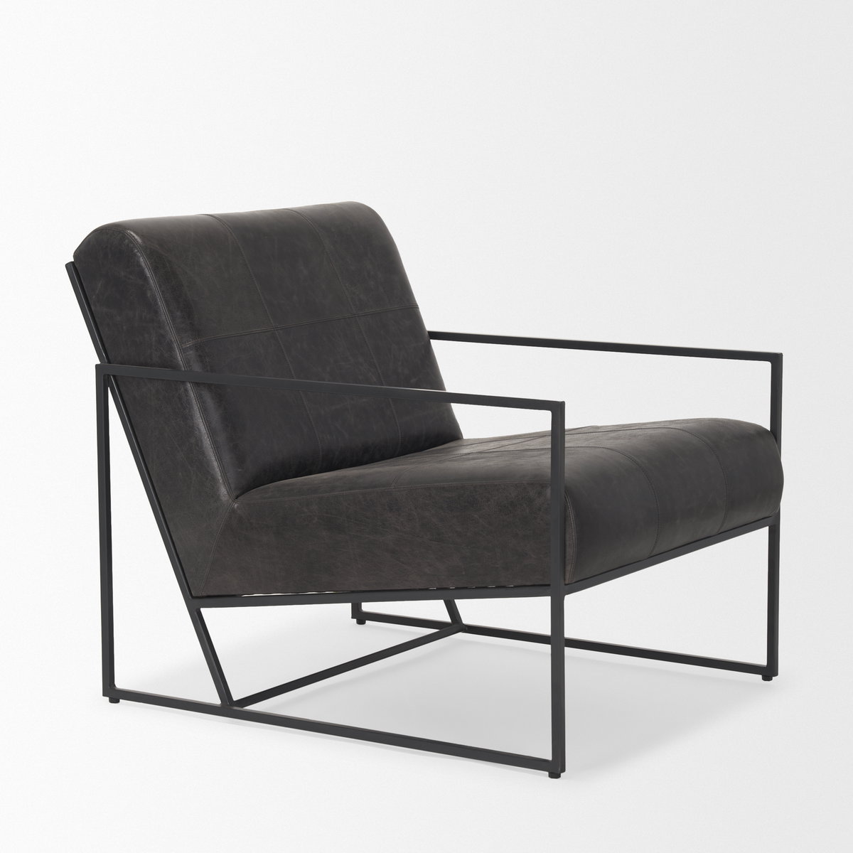 Stratton Gunmetal with Genuine Aged Black Leather Upholstered Accent Chair, by Mercana, 27.25" length x 36.5" width x 29.5" height View 9