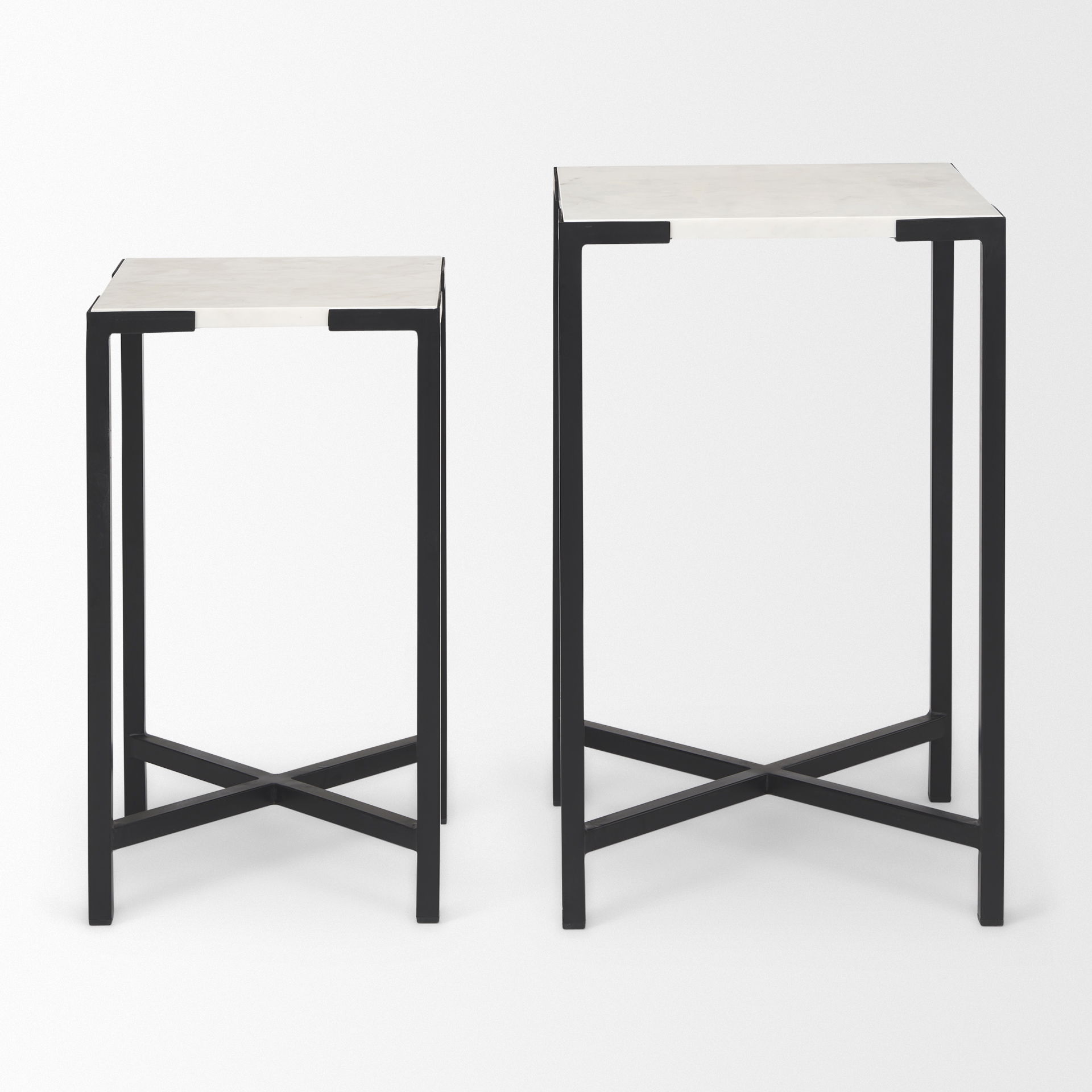 Lucas III (Set of 2) 15L x 15W; 12L x 12W White Marble with Black Iron Frame Accent Tables, Side & End Table by Mercana, 15" length x 15" width x 24" height View 5