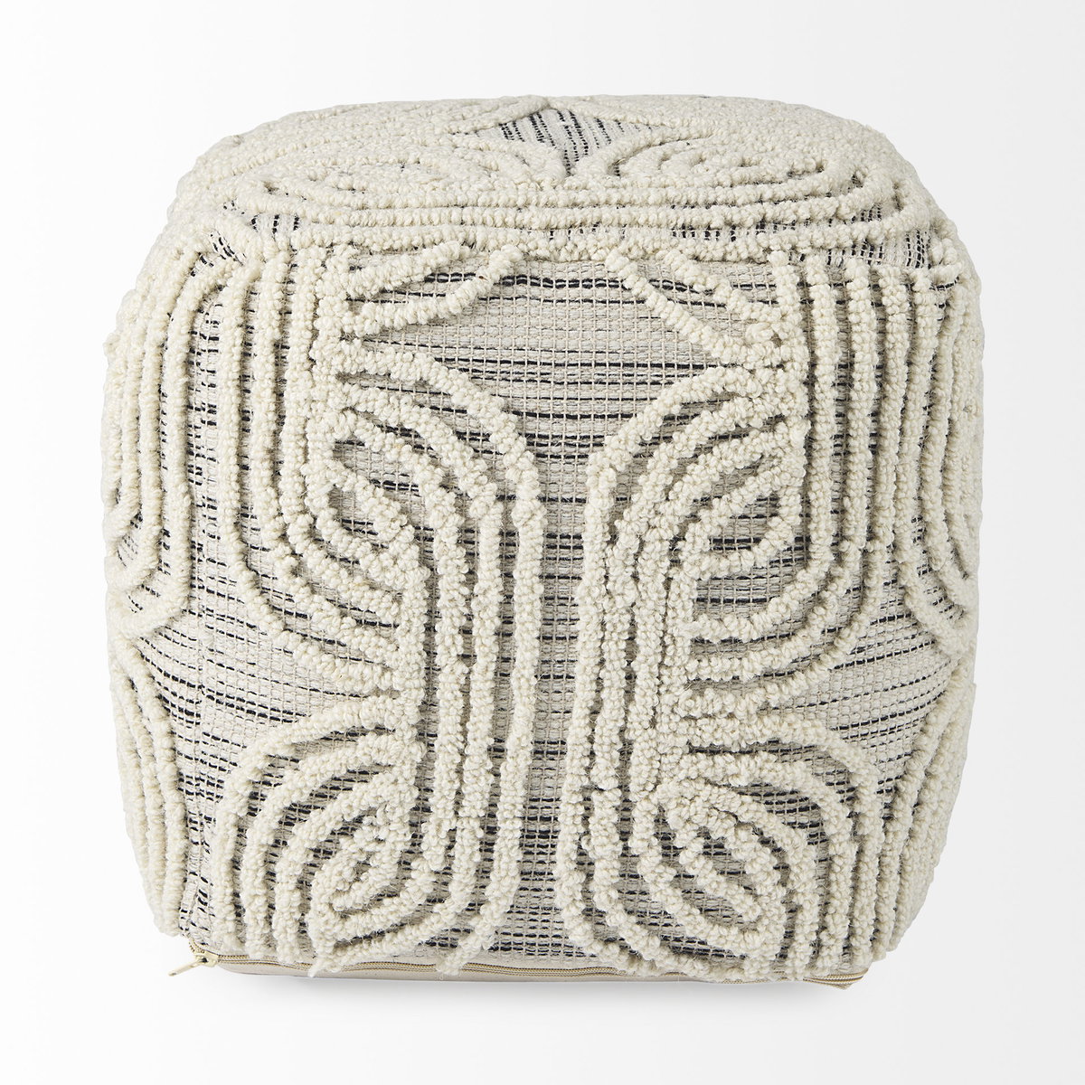 Amaya  Cream/Black/Gray Wool and Cotton Pouf, Ottoman by Mercana, 16" length x 16" width x 16" height View 3