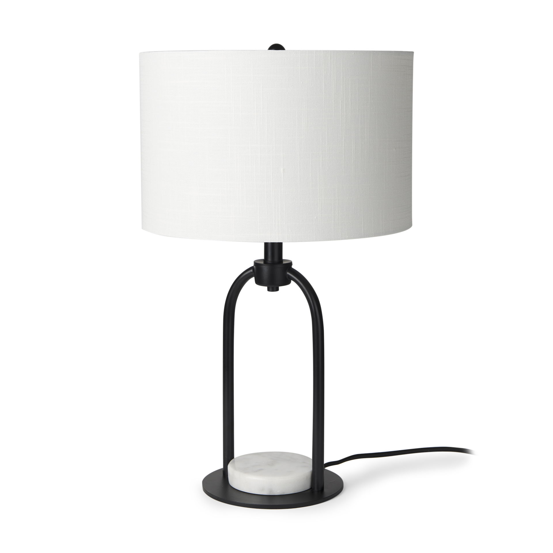 Sarah  Arched Black Metal with Marble Cube and White Shade Table Lamp, by Mercana, 15" length x 10" width x 22.2" height View 1
