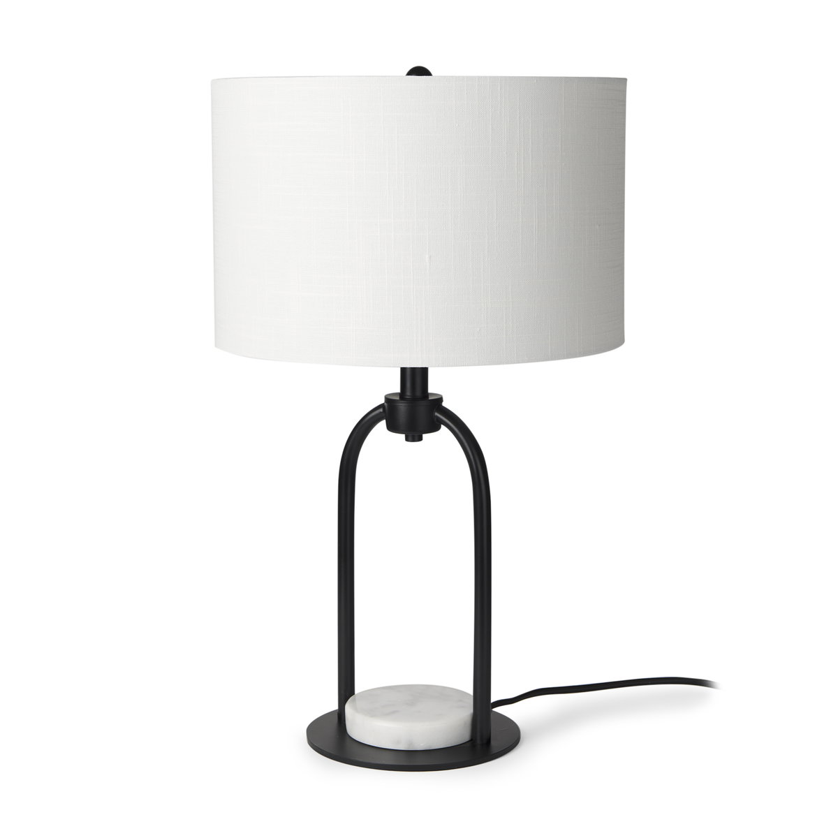 Sarah  Arched Black Metal with Marble Cube and White Shade Table Lamp, by Mercana, 15" length x 10" width x 22.2" height View 1