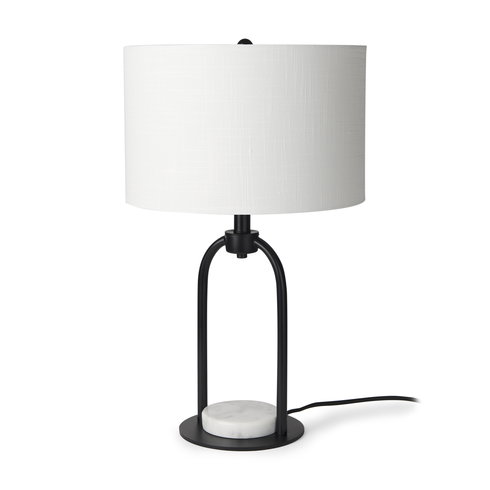 Sarah  Arched Black Metal with Marble Cube and White Shade Table Lamp