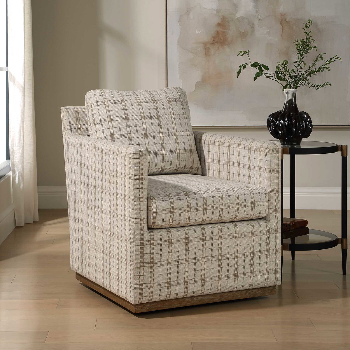 Basie Casual Linen Swivel Chair, Accent Chair by Uttermost, 31.5" width x 31" height x 27.75" depth View 3